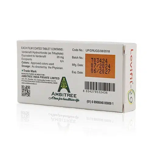 樂威壯學名藥 Levifil-20 背面 Vardenafil 20mg 成分標示 Levifil-20 成分與生產資訊背面圖