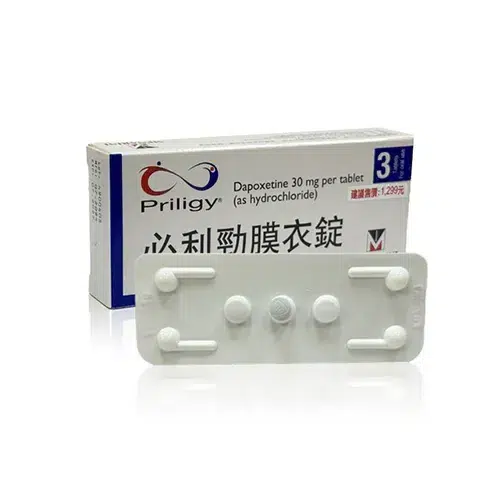 美納里尼必利勁膜衣錠 30mg（3錠裝）Priligy 原廠外盒圖
