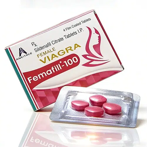 Femafill-100mg 外盒與藥錠展示圖 女用威而柔 Femafill-100mg 外盒與紅色藥錠
