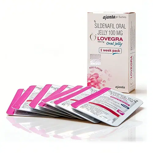 Lovegra Oral Jelly 100mg 外盒與果凍包展示圖 女用果凍威而鋼 Lovegra Oral Jelly 100mg 外盒與果凍包