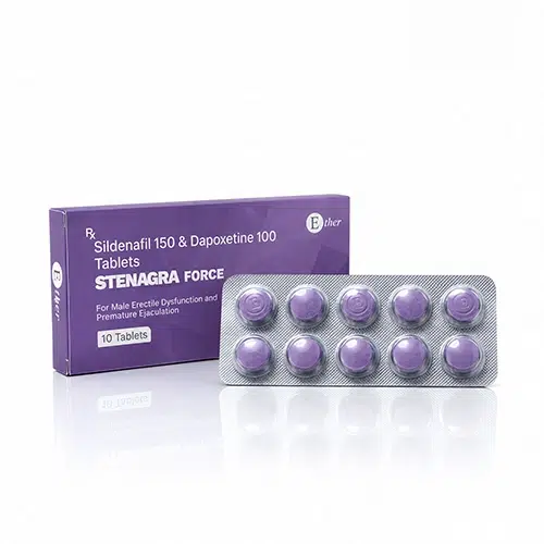 Stenagra Force 商品主圖,紫色藥盒與鋁箔藥板白底倒影展示
