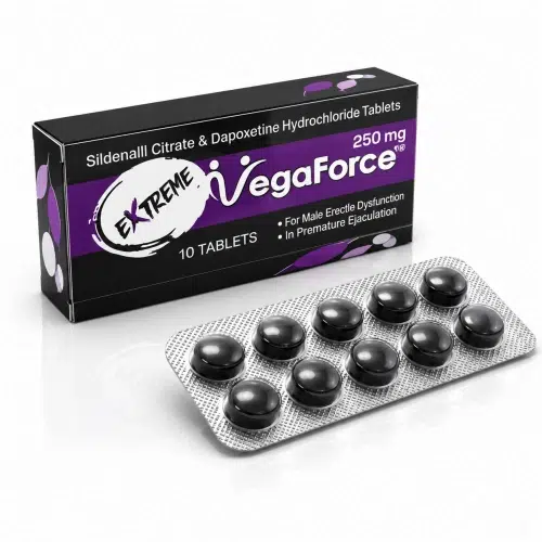 VegaForce 250mg 商品主圖,黑紫色藥盒與黑色圓形藥錠鋁箔板白底倒影展示