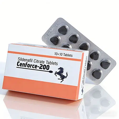 Cenforce-200mg 外盒與藥錠展示圖 威而鋼學名藥 Cenforce-200mg 外盒與黑色藥錠